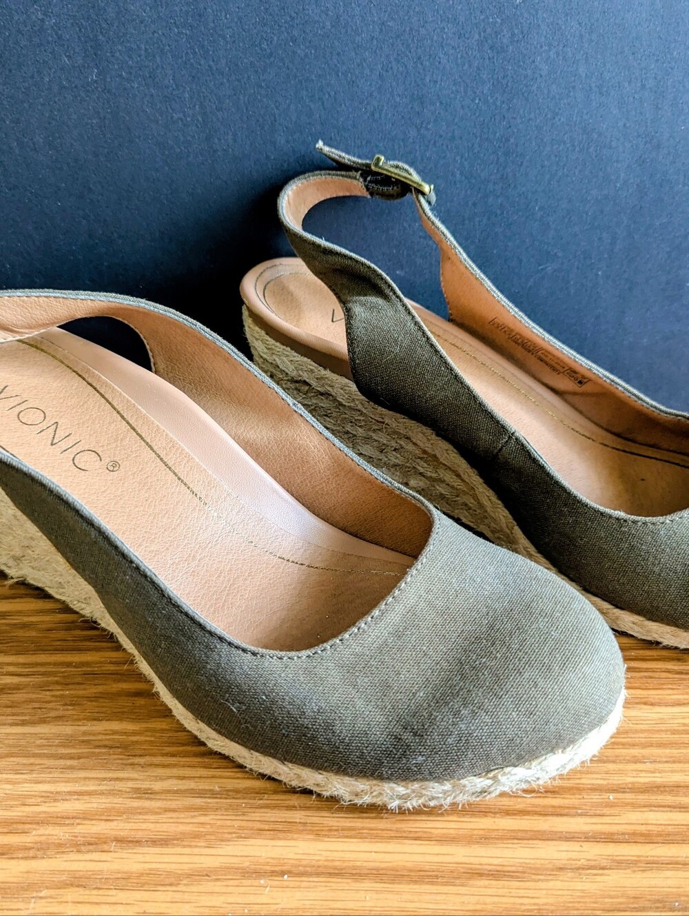 Vionic Olive Canvas Slingback Espadrille Wedges